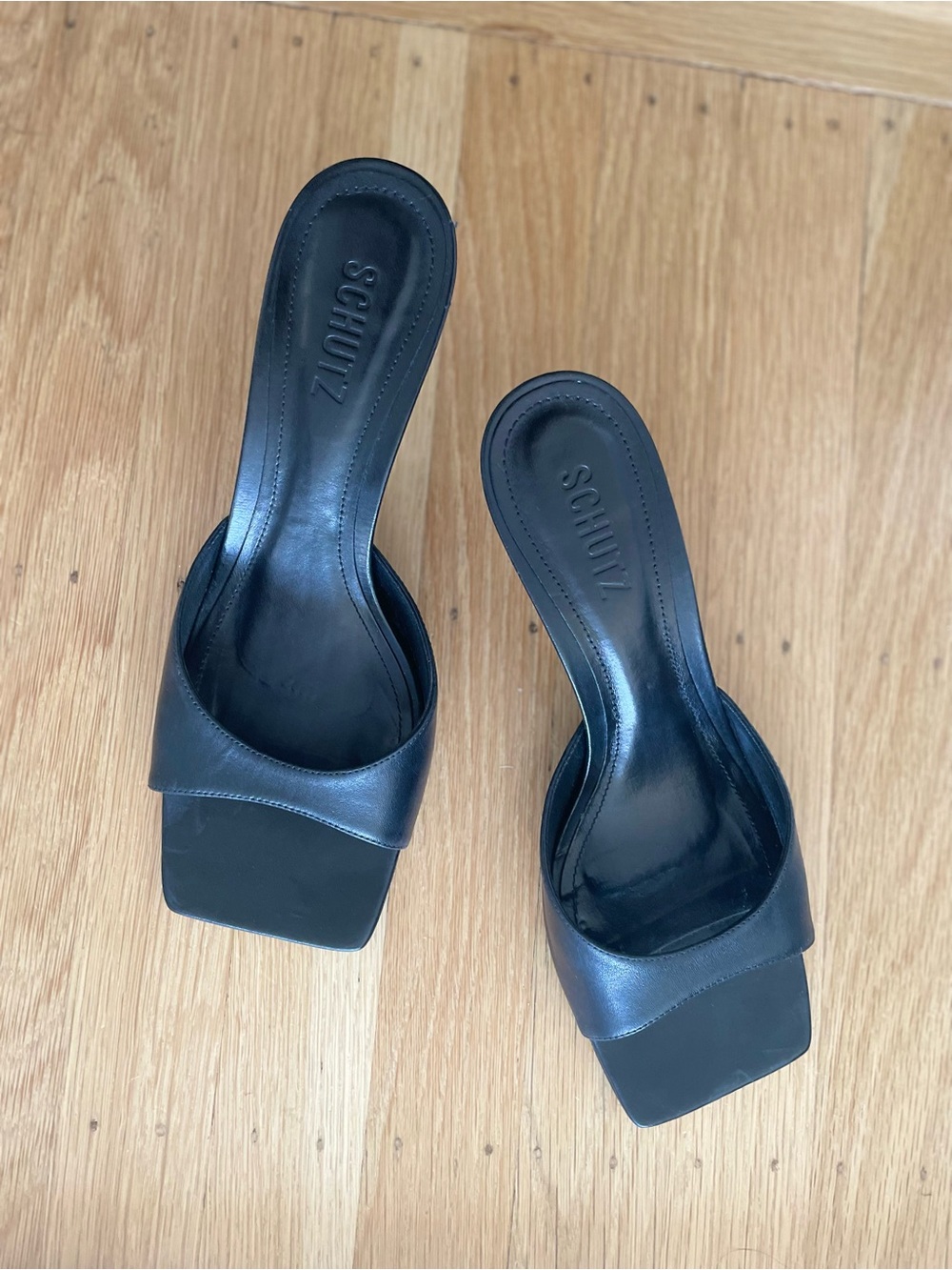 SCHUTZ Black Leather Square-Toe Slide Mules